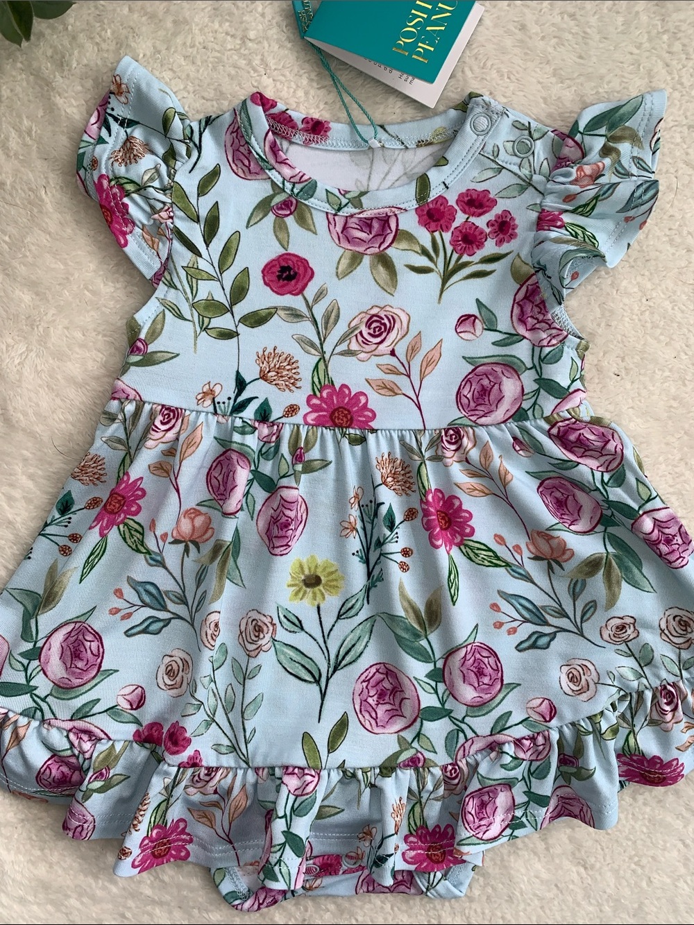 NWT Posh Peanut Tasha Floral Ruffled Bodysuit Dress 3-6M Bamboo